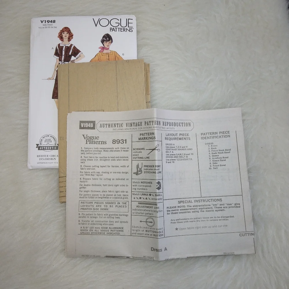 VOGUE V1948 Sz 18-26 Authentic Reissued 1974, Misses Loose Fitting Front Button